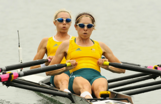 Australia's Amber Halliday (R) and Marguerite Houston row during the women's lightweight double sculls