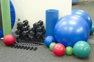 Swiss balls, free weights, rollers, medicine balls
